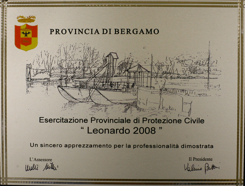 Targa della Provincia di Bergamo per la partecipazione esercitazione Leonardo 2008 a Villa dAdda (BG).